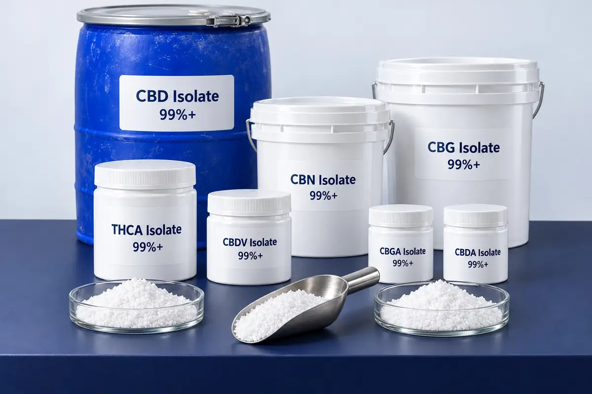 Bulk cannabinoid isolates in real packaging sizes: CBD isolate in a 100 kg+ barrel, CBG and CBN isolate in pails, THCA, CBDV, CBGA and CBDA isolate in jars, each 99%+