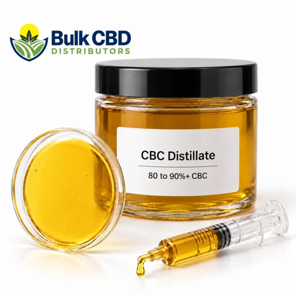 CBC Distillate in a clear glass jar with a petri dish and syringe, bulk wholesale supply from Bulk CBD Distributors