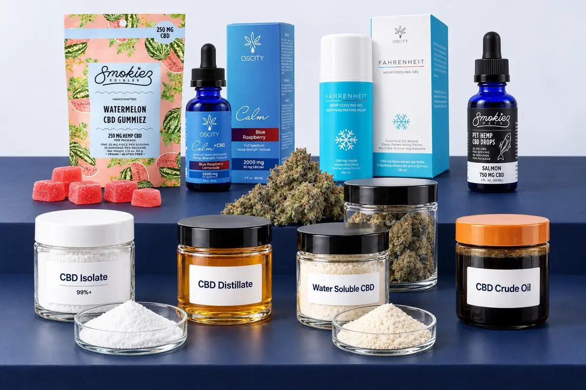 Bulk CBD in every form: isolate, distillate, water soluble and crude oil jars in front, CBD hemp flower in the middle, and retail CBD gummies, tincture, cooling gel and pet tincture at the back