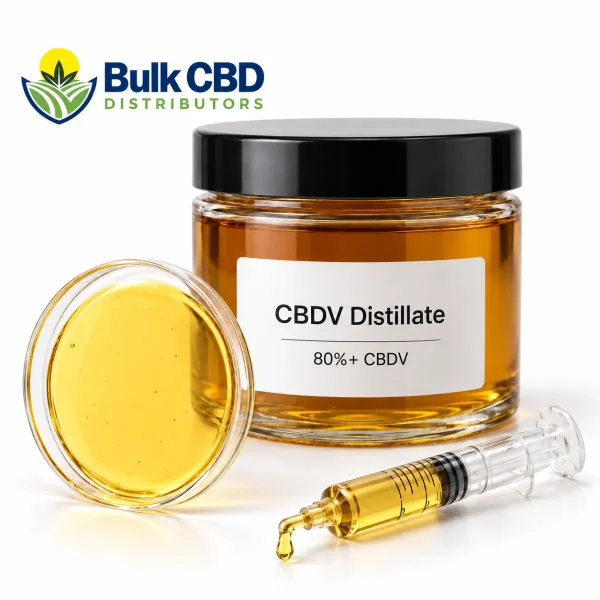 CBDV Distillate in a clear glass jar with a petri dish and syringe, bulk wholesale supply from Bulk CBD Distributors