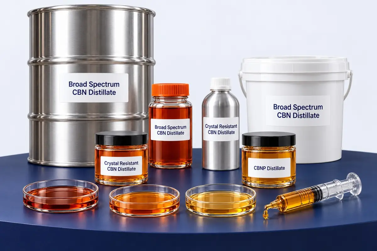 Bulk CBN distillate: broad spectrum CBN distillate in a 1 kg glass jar, crystal resistant CBN distillate in an aluminum bottle and a jar, CBNP distillate, a bucket and a 100 kg+ steel drum