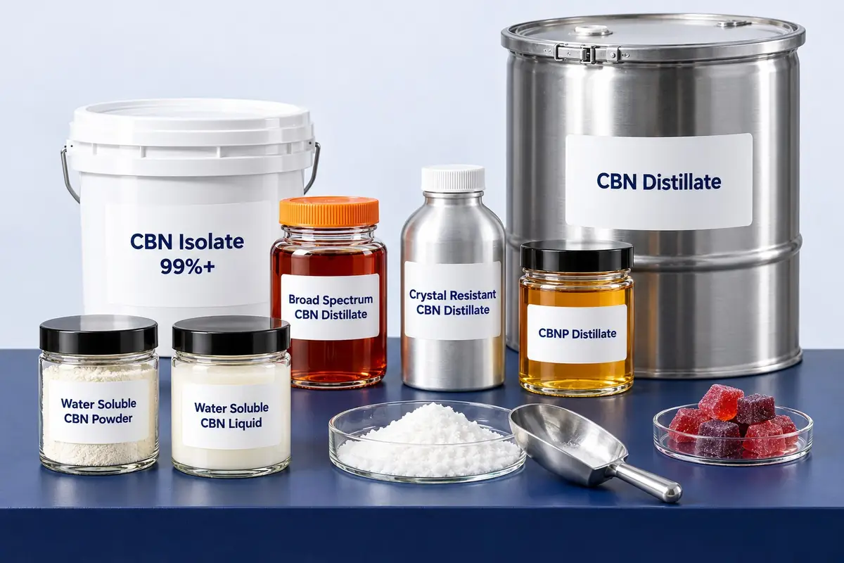 Bulk CBN in every form: CBN isolate in a 10 kg pail, broad spectrum and crystal resistant CBN distillate, CBNP distillate, water soluble CBN powder and liquid, a steel drum and a dish of CBN gummies