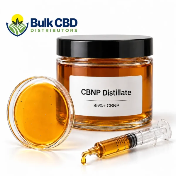CBNP Distillate in a clear glass jar with a petri dish and syringe, bulk wholesale supply from Bulk CBD Distributors
