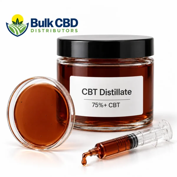 CBT Distillate in a clear glass jar with a petri dish and syringe, bulk wholesale supply from Bulk CBD Distributors