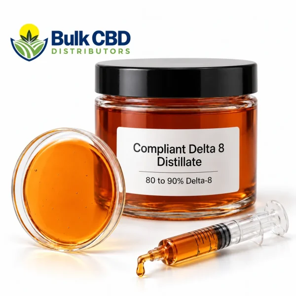 Compliant Delta 8 Distillate in a clear glass jar with a petri dish and syringe, bulk wholesale supply from Bulk CBD Distributors