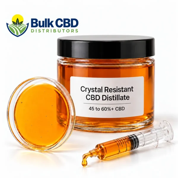 Crystal Resistant CBD Distillate in a clear glass jar with a petri dish and syringe, bulk wholesale supply from Bulk CBD Distributors
