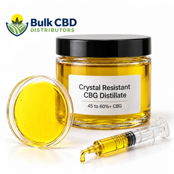 Crystal Resistant CBG Distillate in a clear glass jar with a petri dish and syringe, bulk wholesale supply from Bulk CBD Distributors