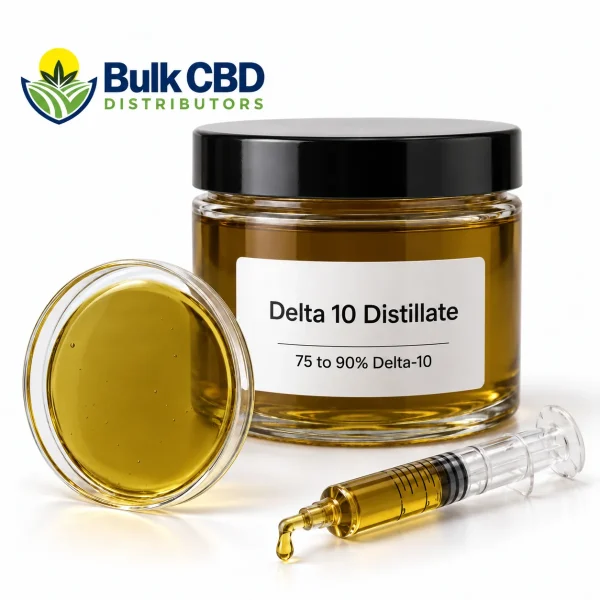 Delta 10 Distillate in a clear glass jar with a petri dish and syringe, bulk wholesale supply from Bulk CBD Distributors