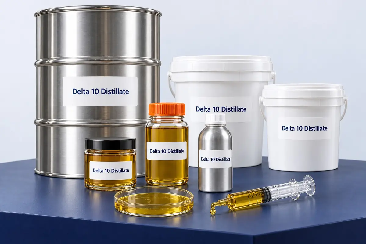 Bulk Delta 10 distillate in a 1 kg glass jar, an aluminum bottle and a 500 g jar, with buckets and a 100 kg+ steel drum