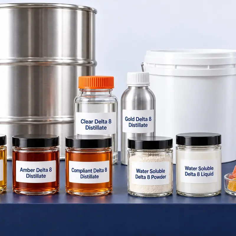 Bulk Delta 8: clear, gold, amber and compliant Delta 8 distillate in jars and an aluminum bottle, water soluble Delta 8 powder and liquid, gummies, a bucket and a steel drum
