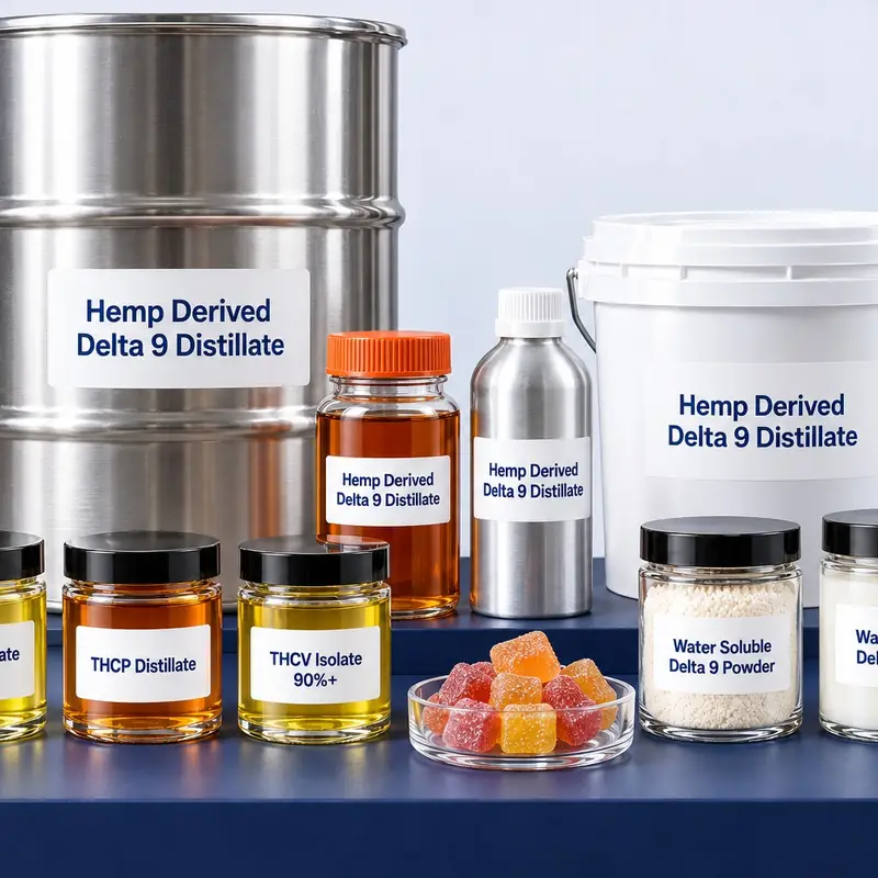 Bulk hemp-derived Delta 9: Delta 9 distillate in a glass jar and an aluminum bottle, THCA distillate oil, THCP distillate, THCV isolate, water soluble Delta 9 powder and liquid, gummies and a steel drum