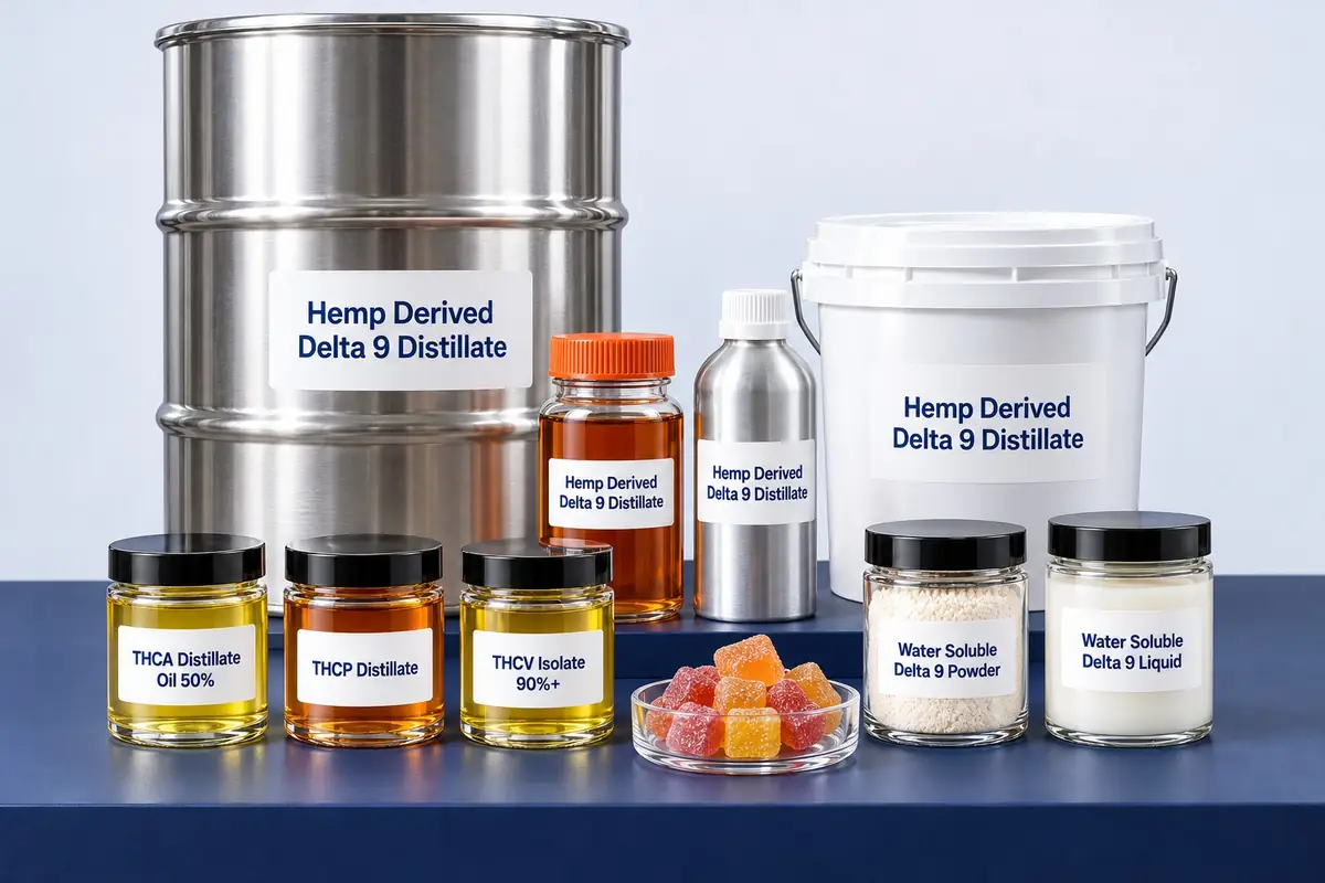 Bulk hemp-derived Delta 9: Delta 9 distillate in a glass jar and an aluminum bottle, THCA distillate oil, THCP distillate, THCV isolate, water soluble Delta 9 powder and liquid, gummies and a steel drum
