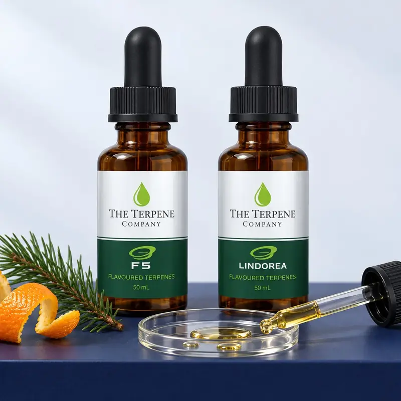 Hemp-derived terpenes from The Terpene Company: F5 and Lindorea in 50 mL amber dropper bottles, with a dish of terpene drops, orange peel and pine
