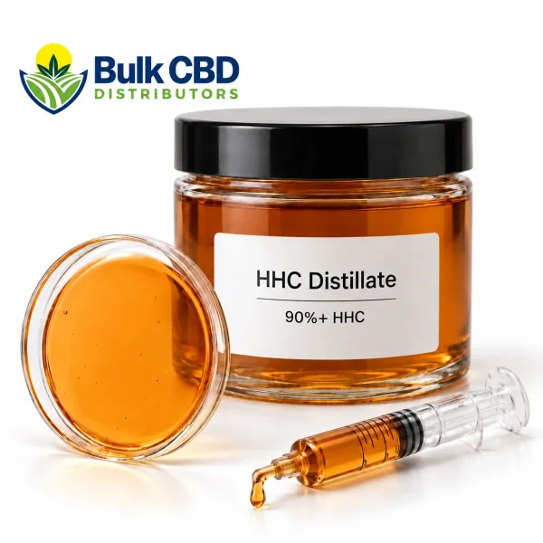 HHC Distillate in a clear glass jar with a petri dish and syringe, bulk wholesale supply from Bulk CBD Distributors
