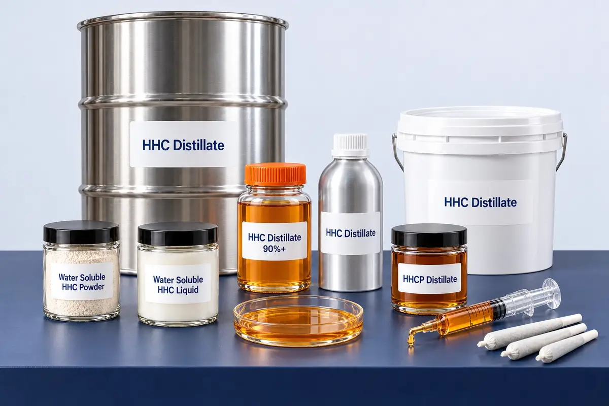 Bulk HHC: HHC distillate in a glass jar and an aluminum bottle, HHCP distillate, water soluble HHC powder and liquid, pre-rolls, a bucket and a steel drum