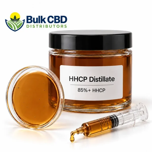 HHCP Distillate in a clear glass jar with a petri dish and syringe, bulk wholesale supply from Bulk CBD Distributors