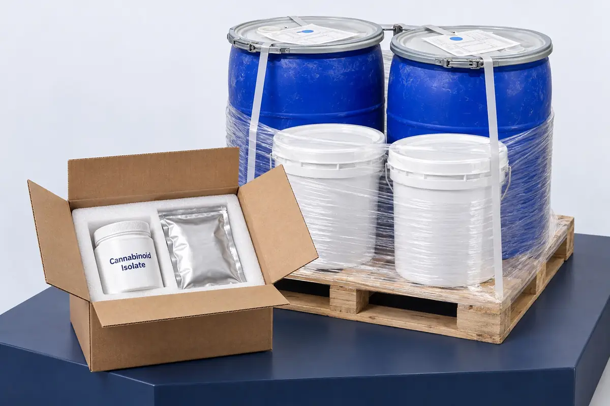 Bulk isolate order ready to ship: barrels and pails strapped on a pallet with a COA, and a 1 kg jar packed in a plain box
