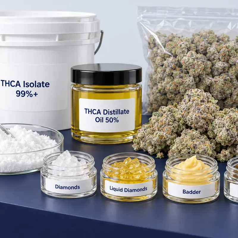 Bulk THCA in every form: THCA isolate in a pail and a dish, THCA distillate oil 50%, THCA diamonds, liquid diamonds, badder and hash, and THCA flower loose and in a 1 lb bag