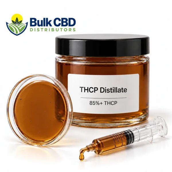 THCP Distillate in a clear glass jar with a petri dish and syringe, bulk wholesale supply from Bulk CBD Distributors
