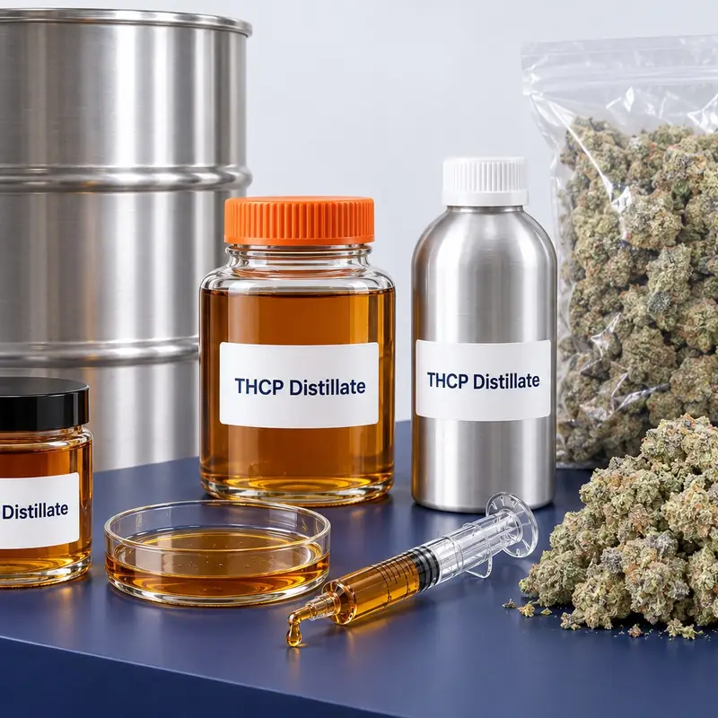 Bulk THCP: THCP distillate in a 1 kg glass jar, an aluminum bottle and a 500 g jar, hemp flower loose and in a 1 lb bag, and a 100 kg+ steel drum