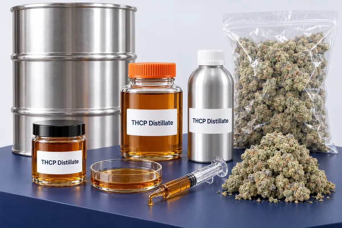 Bulk THCP: THCP distillate in a 1 kg glass jar, an aluminum bottle and a 500 g jar, hemp flower loose and in a 1 lb bag, and a 100 kg+ steel drum