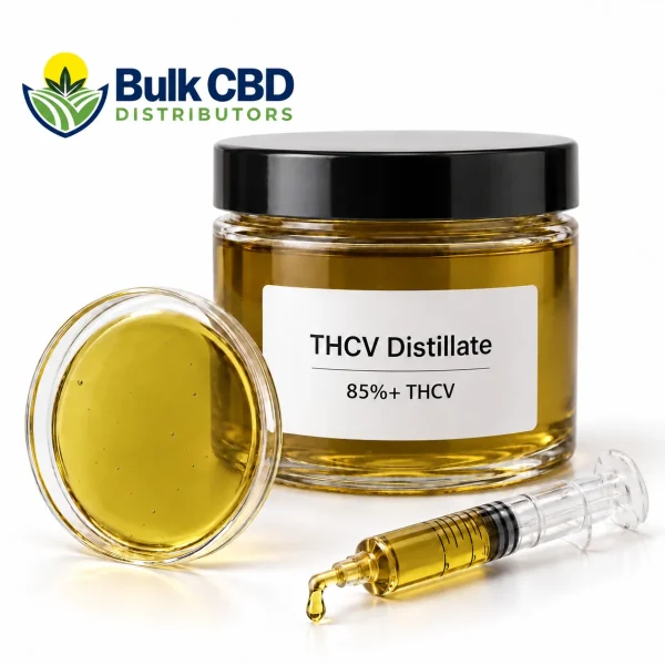 THCV Distillate in a clear glass jar with a petri dish and syringe, bulk wholesale supply from Bulk CBD Distributors