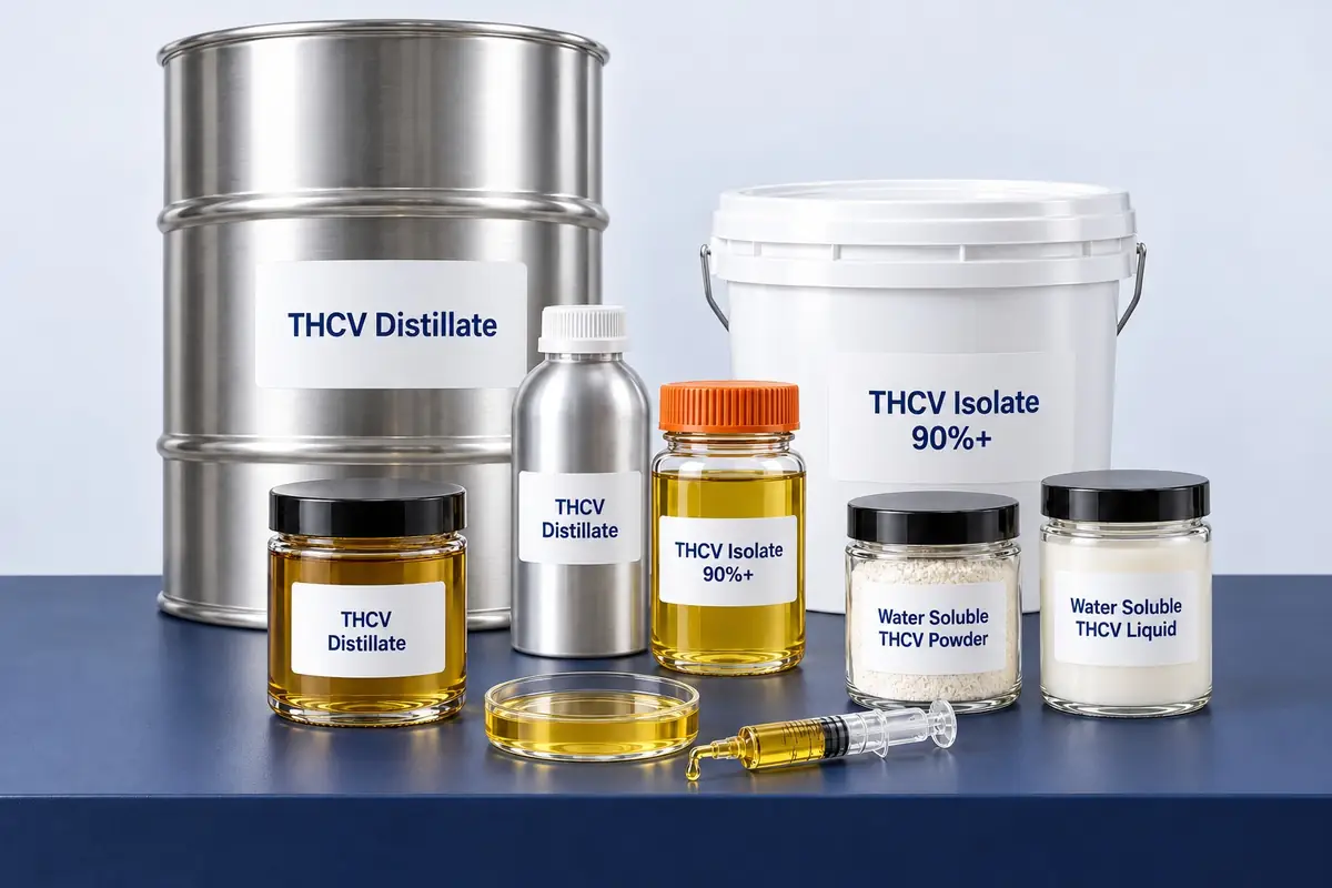 Bulk THCV: golden THCV isolate liquid in a 1 kg glass jar, THCV distillate in a jar and an aluminum bottle, water soluble THCV powder and liquid, a 5 kg bucket and a steel drum