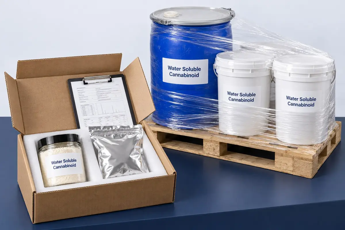 Bulk water soluble order ready to ship: a drum and buckets on a pallet, a 1 kg jar packed in a plain box and a COA