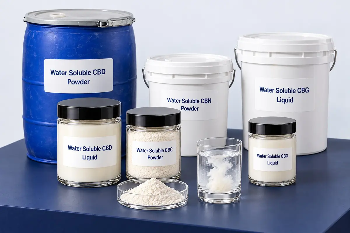 Bulk water soluble cannabinoids in real packaging sizes: CBD powder in a 100 kg+ drum, CBG and CBN in buckets, and CBD, CBC and CBG powder and liquid in glass jars, with a glass of water showing the emulsion mixing in