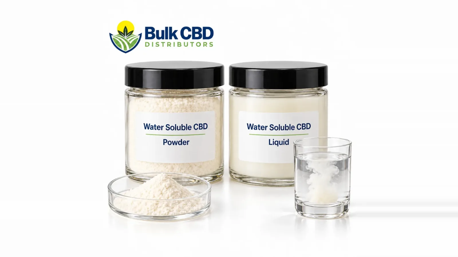 Water soluble CBD powder and liquid in clear containers for beverage and edible formulation