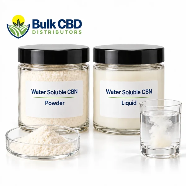 Water Soluble CBN powder and liquid in clear jars with a glass of water, from Bulk CBD Distributors