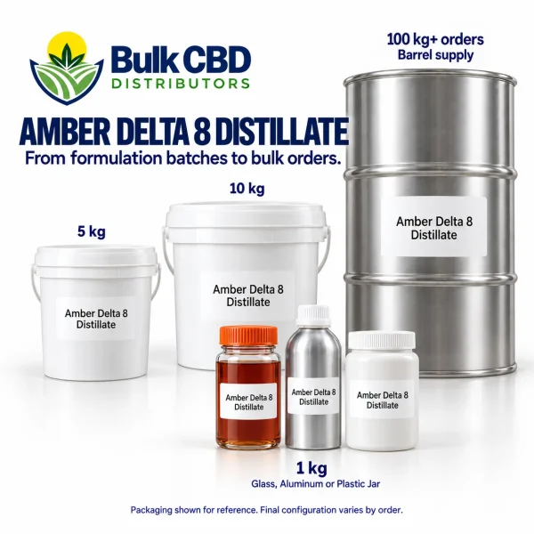 Amber Delta 8 Distillate wholesale sizes, from small jars and 1 kg containers to buckets and 100 kg+ steel drums