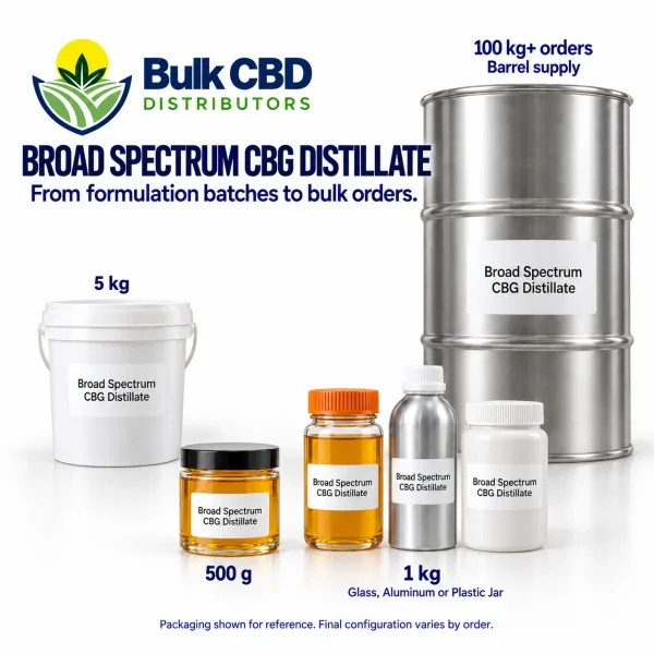 Broad Spectrum CBG Distillate wholesale sizes, from small jars and 1 kg containers to buckets and 100 kg+ steel drums