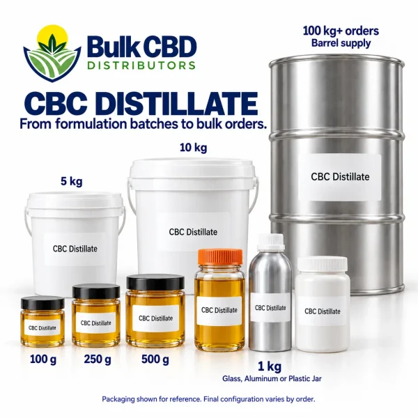 CBC Distillate wholesale sizes, from small jars and 1 kg containers to buckets and 100 kg+ steel drums