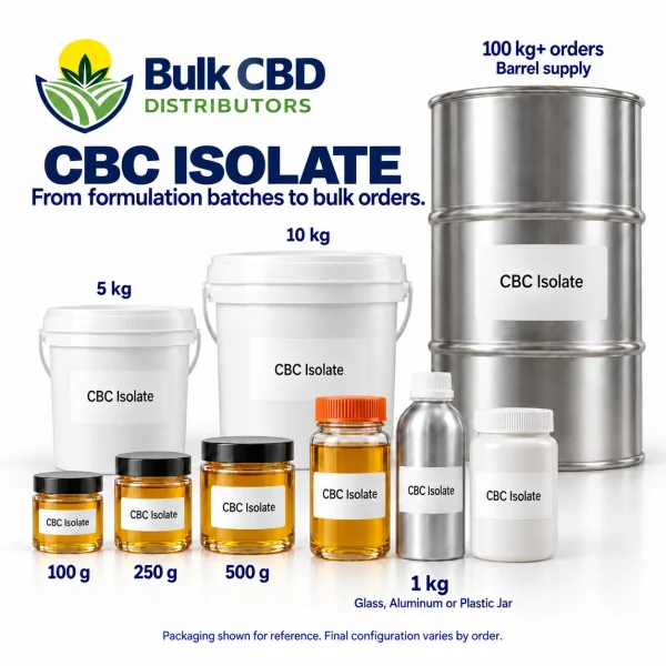 CBC Isolate wholesale sizes, from small jars and 1 kg containers to buckets and 100 kg+ steel drums