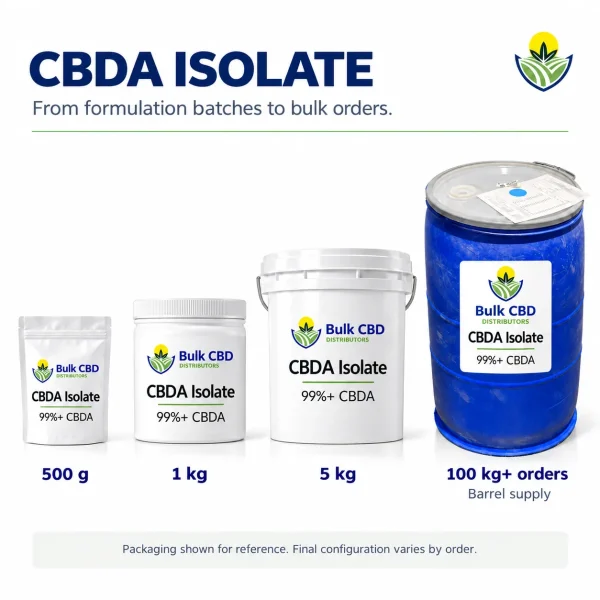 CBDA isolate wholesale sizes from 500 g to 1 kg and 5 kg containers and barrels for 100 kg and larger orders