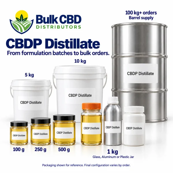 CBDP Distillate wholesale sizes, from small jars and 1 kg containers to buckets and 100 kg+ steel drums