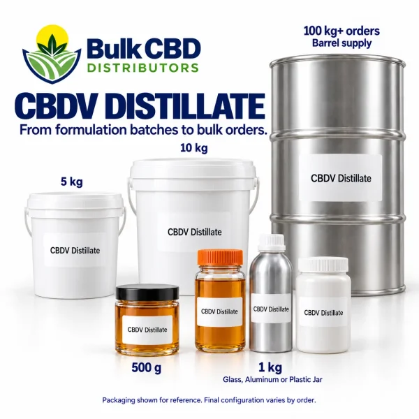 CBDV Distillate wholesale sizes, from small jars and 1 kg containers to buckets and 100 kg+ steel drums