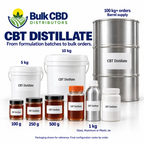 CBT Distillate wholesale sizes, from small jars and 1 kg containers to buckets and 100 kg+ steel drums