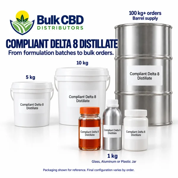 Compliant Delta 8 Distillate wholesale sizes, from small jars and 1 kg containers to buckets and 100 kg+ steel drums