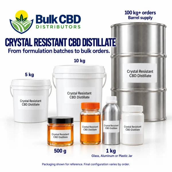 Crystal Resistant CBD Distillate wholesale sizes, from small jars and 1 kg containers to buckets and 100 kg+ steel drums