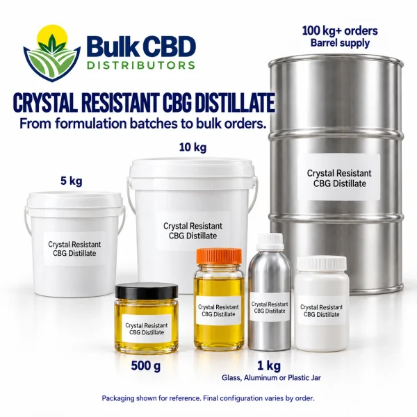 Crystal Resistant CBG Distillate wholesale sizes, from small jars and 1 kg containers to buckets and 100 kg+ steel drums