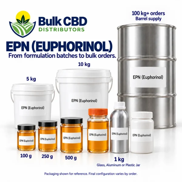 EPN (Euphorinol) wholesale sizes, from small jars and 1 kg containers to buckets and 100 kg+ steel drums