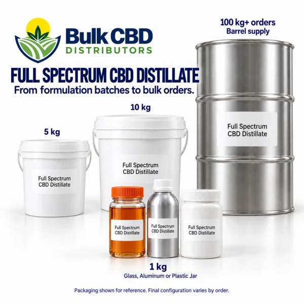 Full Spectrum CBD Distillate wholesale sizes, from small jars and 1 kg containers to buckets and 100 kg+ steel drums