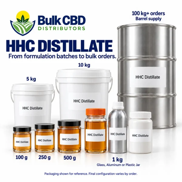 HHC Distillate wholesale sizes, from small jars and 1 kg containers to buckets and 100 kg+ steel drums