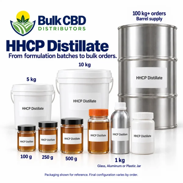 HHCP Distillate wholesale sizes, from small jars and 1 kg containers to buckets and 100 kg+ steel drums