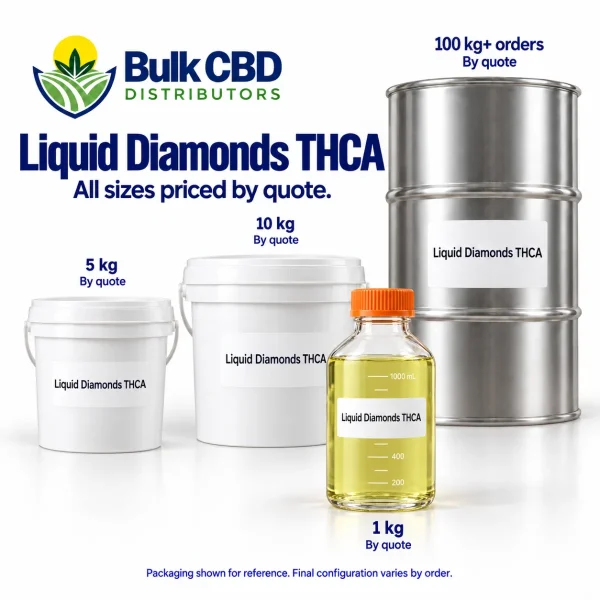 Liquid Diamonds THCA sizes by quote: 1 kg lab bottle, 5 kg and 10 kg buckets and a 100 kg+ steel drum