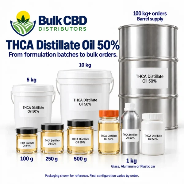 THCA Distillate Oil 50% wholesale sizes, from small jars and 1 kg containers to buckets and 100 kg+ steel drums