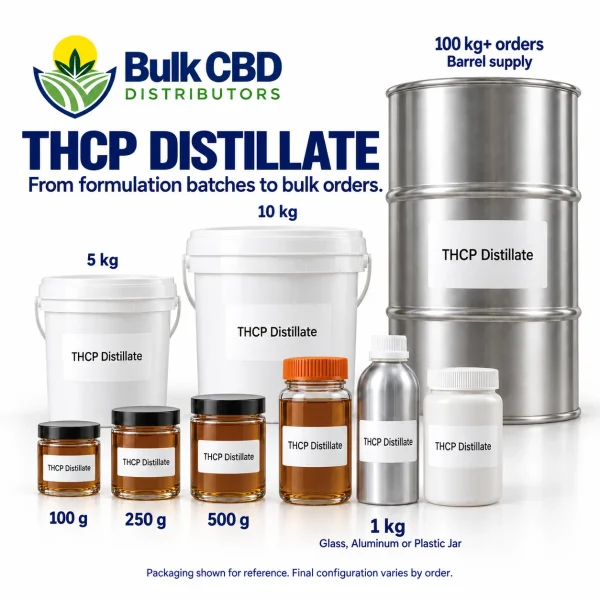 THCP Distillate wholesale sizes, from small jars and 1 kg containers to buckets and 100 kg+ steel drums