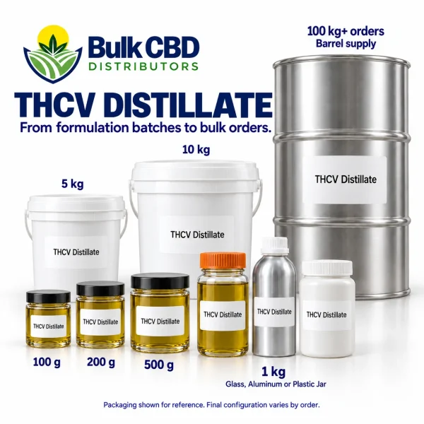 THCV Distillate wholesale sizes, from small jars and 1 kg containers to buckets and 100 kg+ steel drums